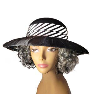Proverbs Women's Black and White Striped Flower Pleated Wide Brim Cloche Hat